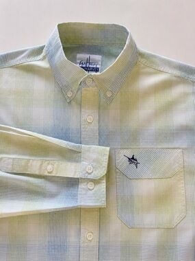 Guy Harvey Button-Down Fishing Shirt – Men’s Large – Blue & Green Plaid